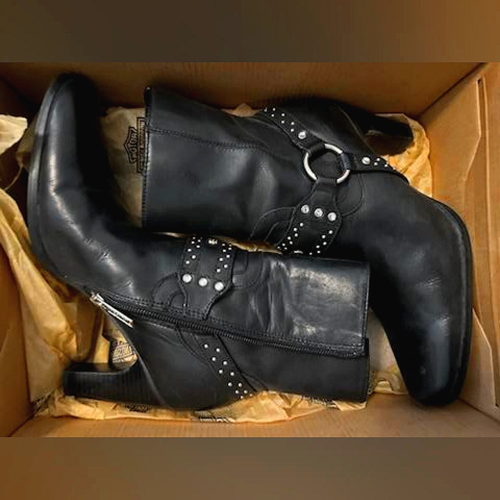 Harley Davidson Boots Western Stud Leather Black Harness Shoe Size 6.5